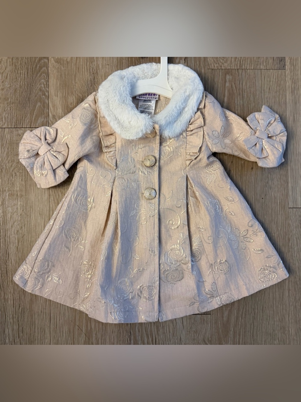 Blueberi Boulevard  Size 6- 9 Floral Jacquard Pea Coat with Faux Fur Collar
